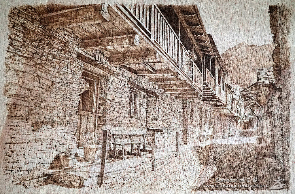 Pirograbado de calle de Peñalba de Santiago en el valle del Silencio. Pirograbado sobre madera.