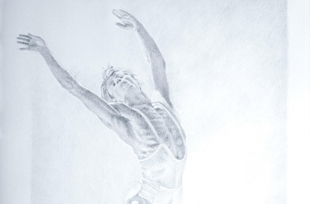 El bailarín Nureyev saltando (detalle). Punta de plata sobre papel piedra.