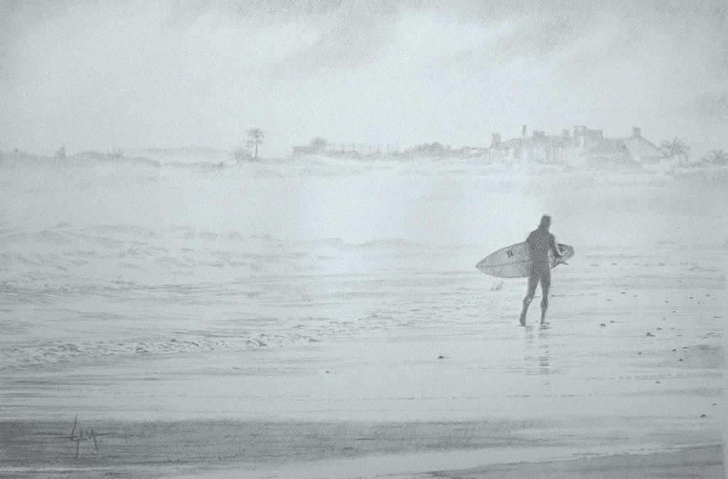 Surfista saliendo del agua en una playa ventosa. Punta de plata sobre papel piedra.