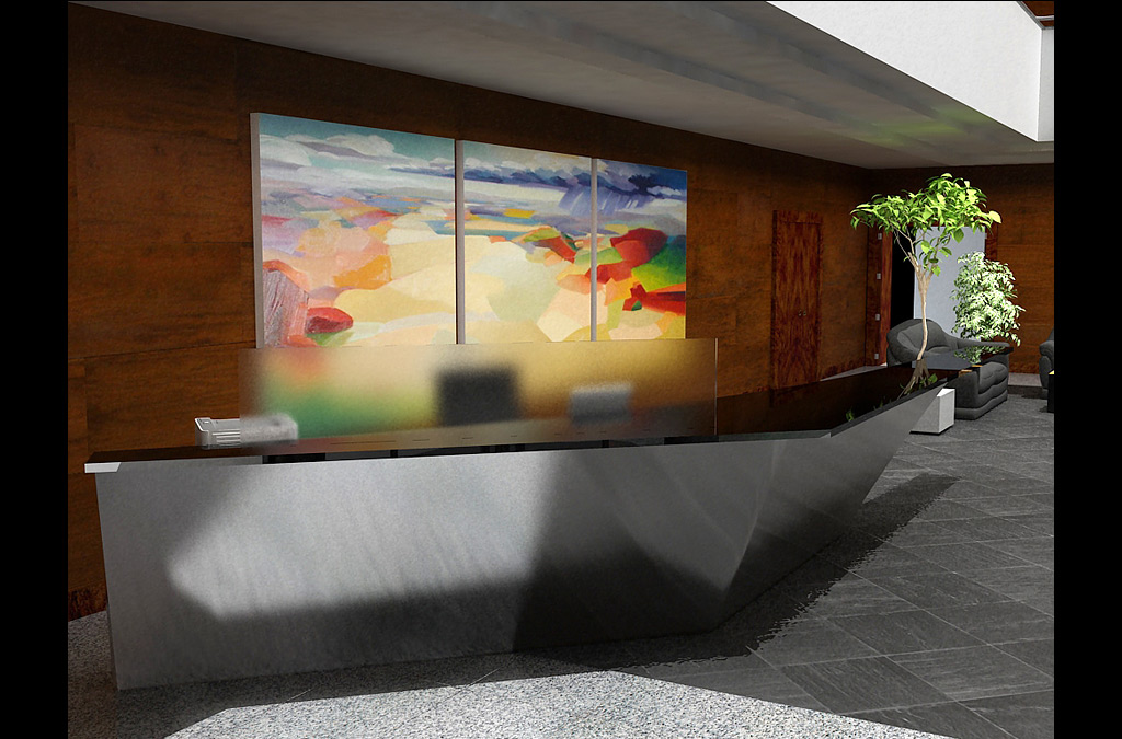 Diseño de mesa  exclusiva para hall de oficina y representación infográfica de su entorno.